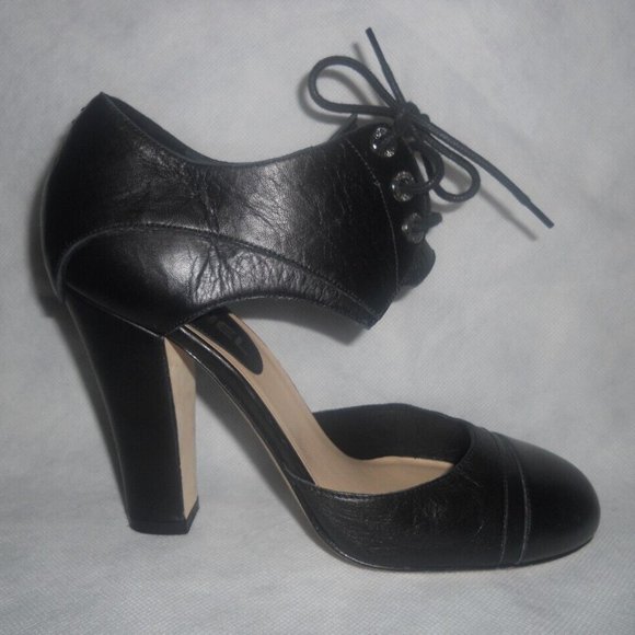 Shoes - CHANEL Black Leather Cinema Mary Jane Lace Tie Up Pumps Shoes Heels